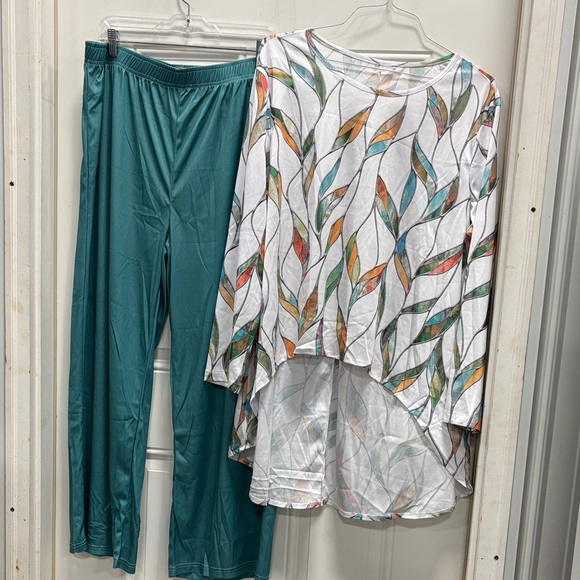 Pants - Colorful Leaf Print Top and Teal Pants Set